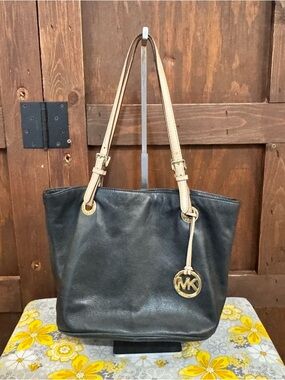 Michael Kors Black Leather Tote with Cream Straps and Gold Hardware